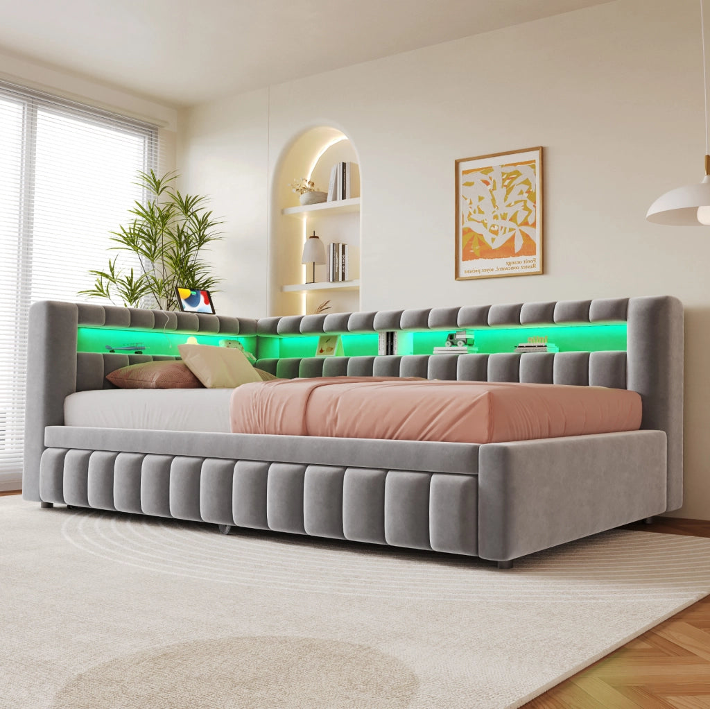Divano letto imbottito estraibile 90x200 cm con LED; porte USB e Type-C; velluto grigio chiaro