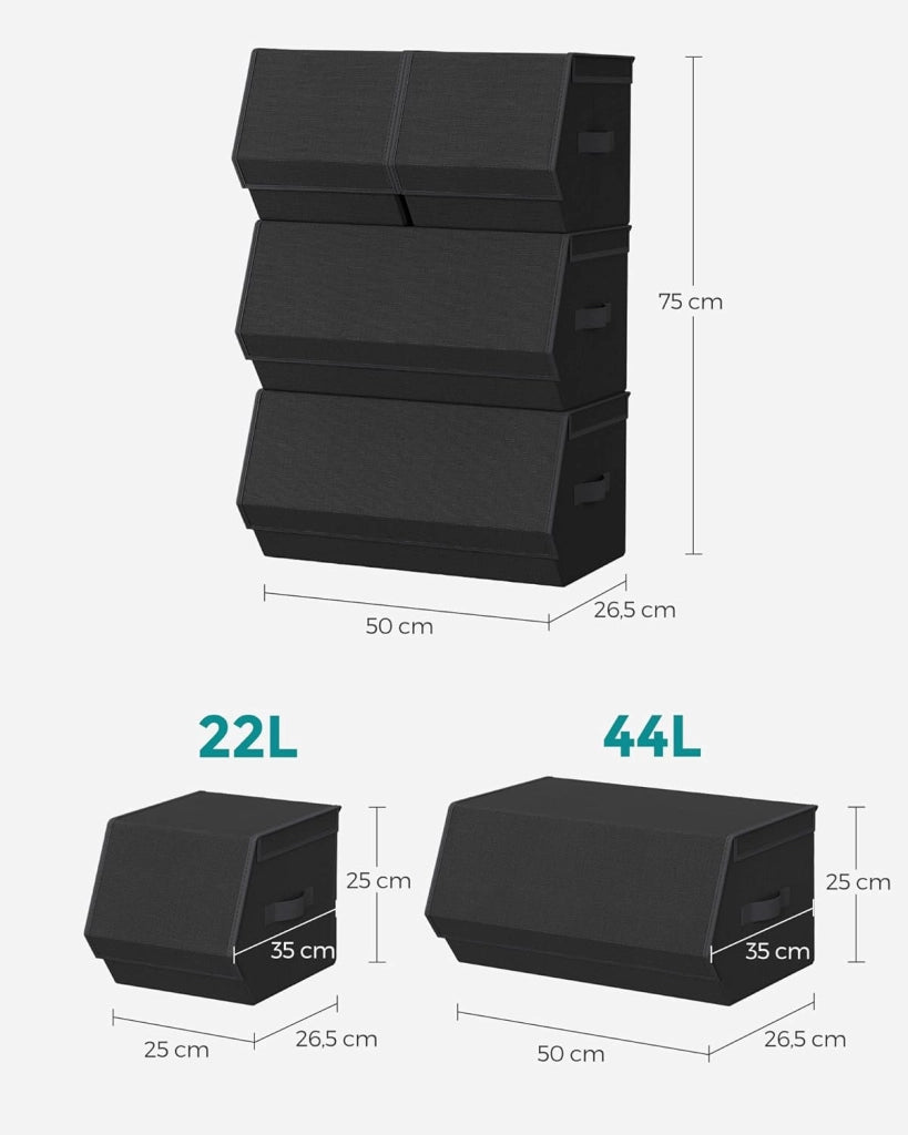 SONGMICS Set di 4 Scatole con Coperchio, Organizzatori Impilabili per Armadi, Contenitori con Chiusura Magnetica, Scatole in Tessuto, Struttura in Metallo, per Libri Vestiti, Nero Classico RLB022B01