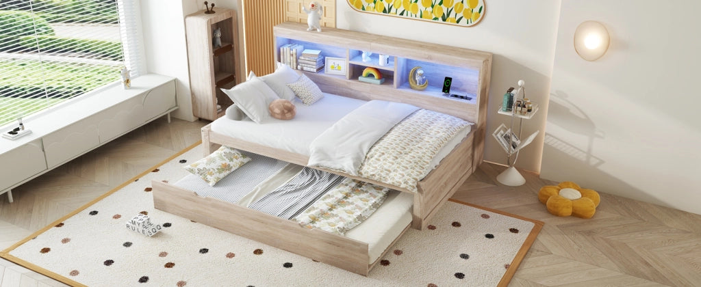 Letto singolo estraibile 90x200 cm con luce ambiente, presa e USB, finitura naturale, senza materasso