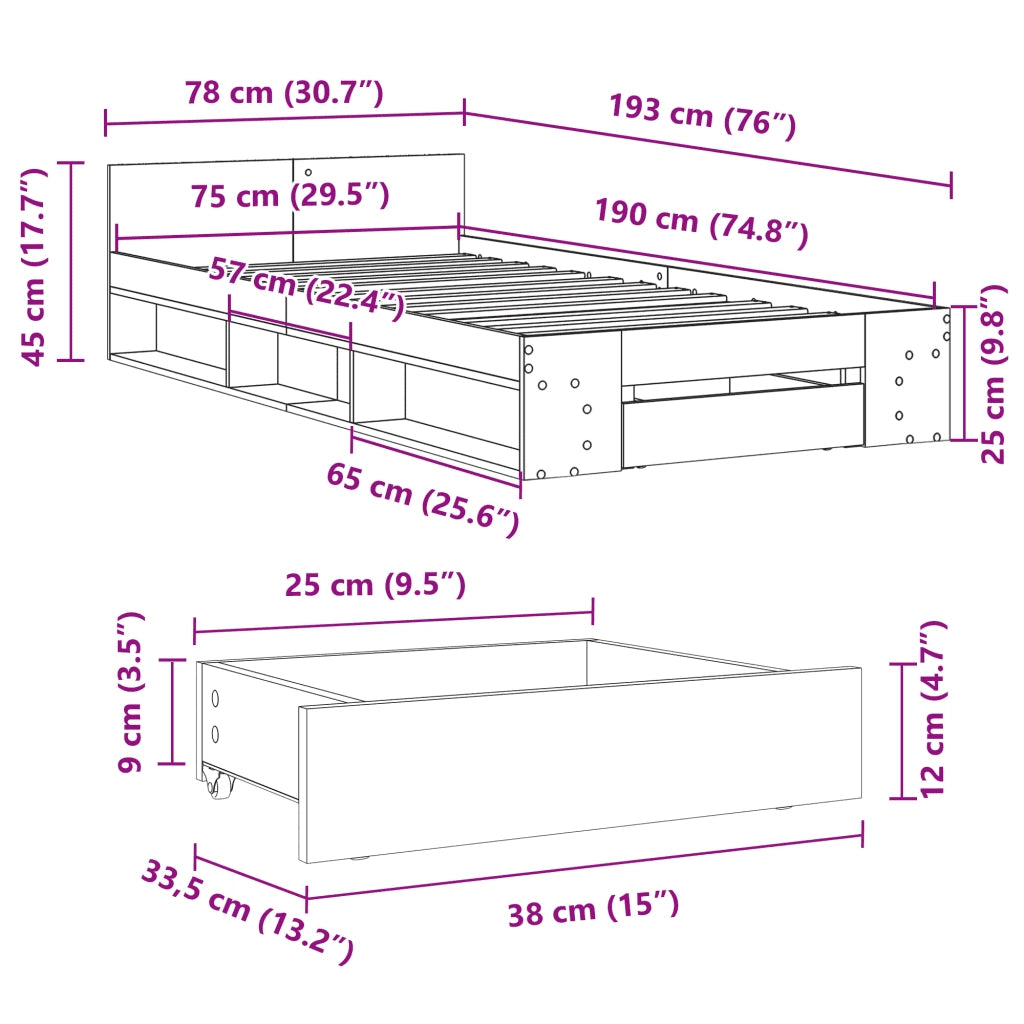 Giroletto con Cassetto Bianco 75x190 cm in Legno Multistrato