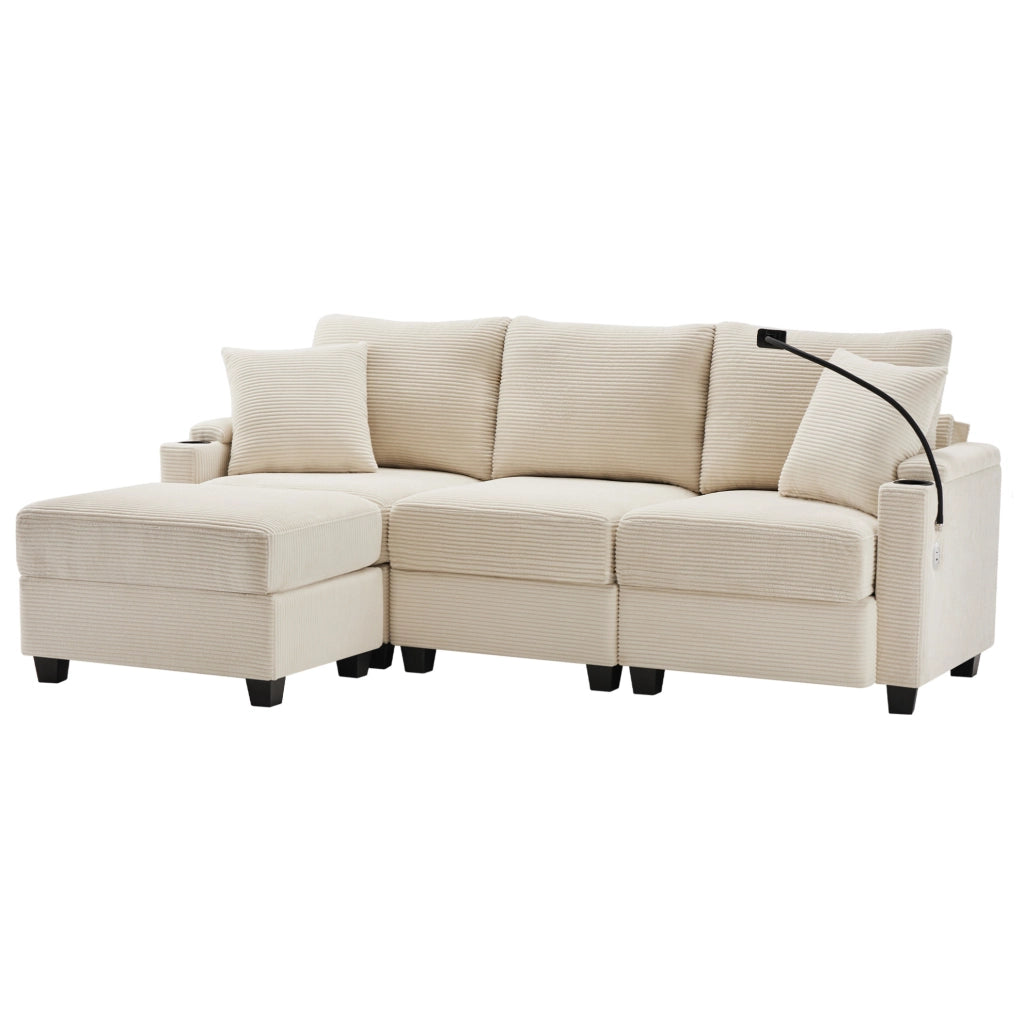Divano angolare 213.5x139x87 cm con USB; portabicchieri; ripiano bracciolo e 2 cuscini in corduroy beige