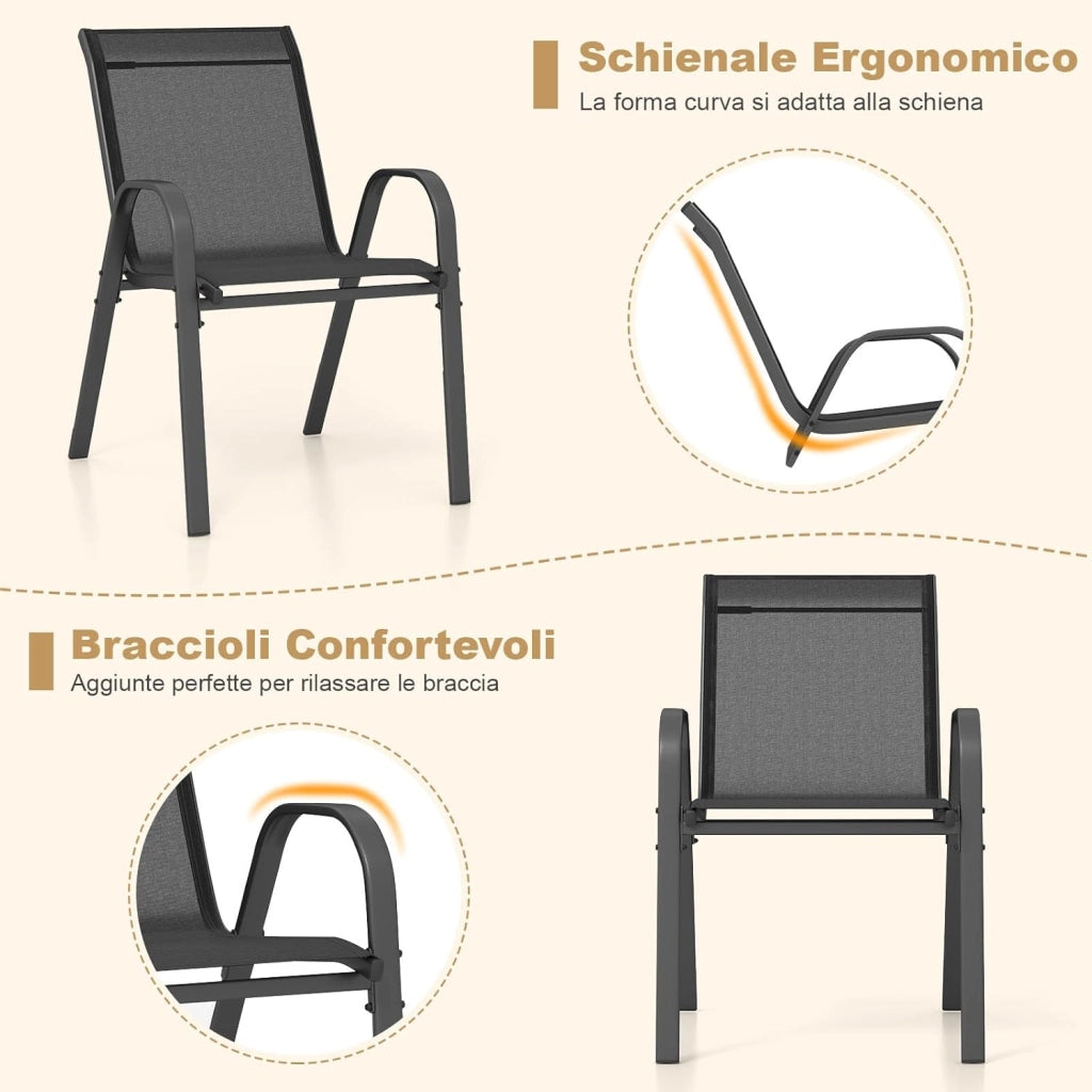 Set di 4 Sedie da Giardino, Poltrone in Tessuto Textilene per Esterno, Sedie Impilabili con Gambe in Metallo, Portata 150 kg, 56 x 70 x 84 cm (Nero,4)