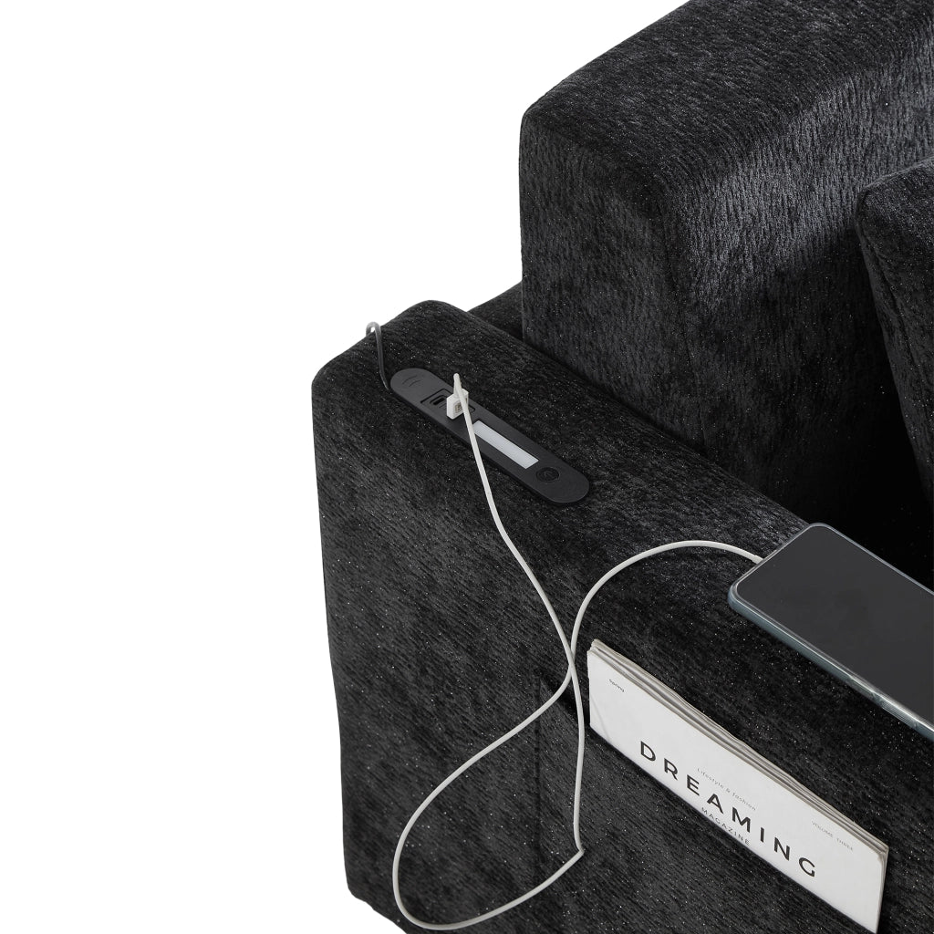 Divano letto 2 posti con funzione letto, porte USB, portabicchieri e tasche laterali in ciniglia nero e grigio