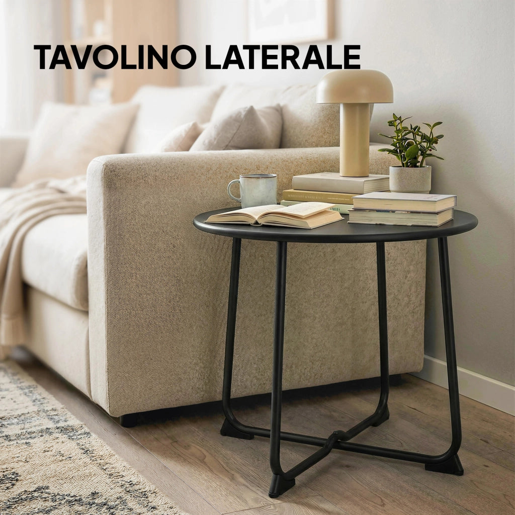 Tavolino da Caff¨¨ da Esterno Rotondo 50 cm, Tavolo in Metallo con Base a X e Piedini Antiscivolo, Nero