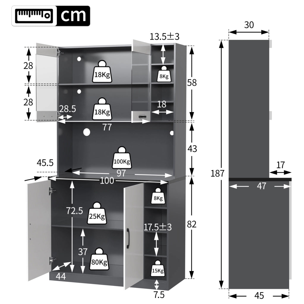 credenza 100x47x187 cm bianco/grigio – LED, vano microonde
