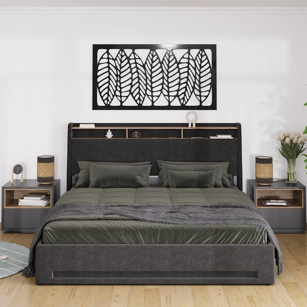 Letto imbottito Christin, Antracite/quercia, 180x200 con LED e porta USB