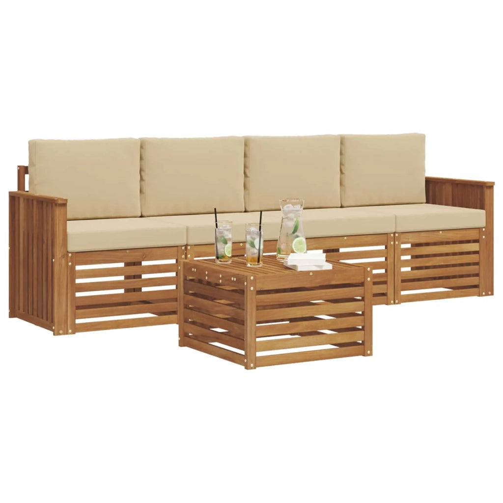 Set divani 5 pcs Naturale e Beige Legno di Acacia Massello 3374328