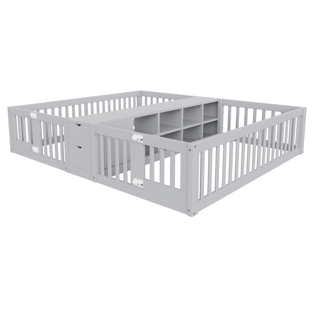 Letto combinato per bambini 90 × 200 cm con ripiano centrale e 2 cassetti, senza materasso, in legno, grigio