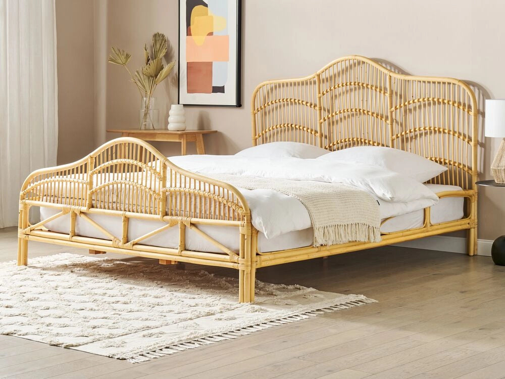 Letto a pannello Legno chiaro Rattan Mogano Legno UE Doppio 180x200 cm Telaio a doghe Base letto Intrecciato Testiera decorativa Moderna Boho