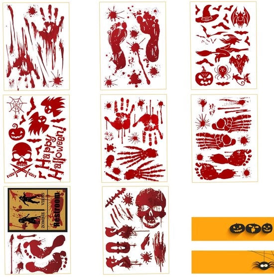 Sticker per vetro con impronte di sangue, 8 fogli Halloween, impronte digitali di mani, adesivi PVC per decorazione, decorazioni per finestre con impronte di sangue, adesivi per pavimento con aderenza.