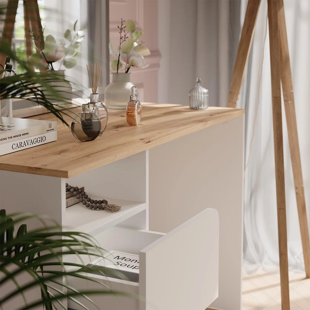 Tavolo da toeletta Karen, Bianco/Artisan, 110 cm con specchio a LED, Materiali robusti per un utilizzo duraturo