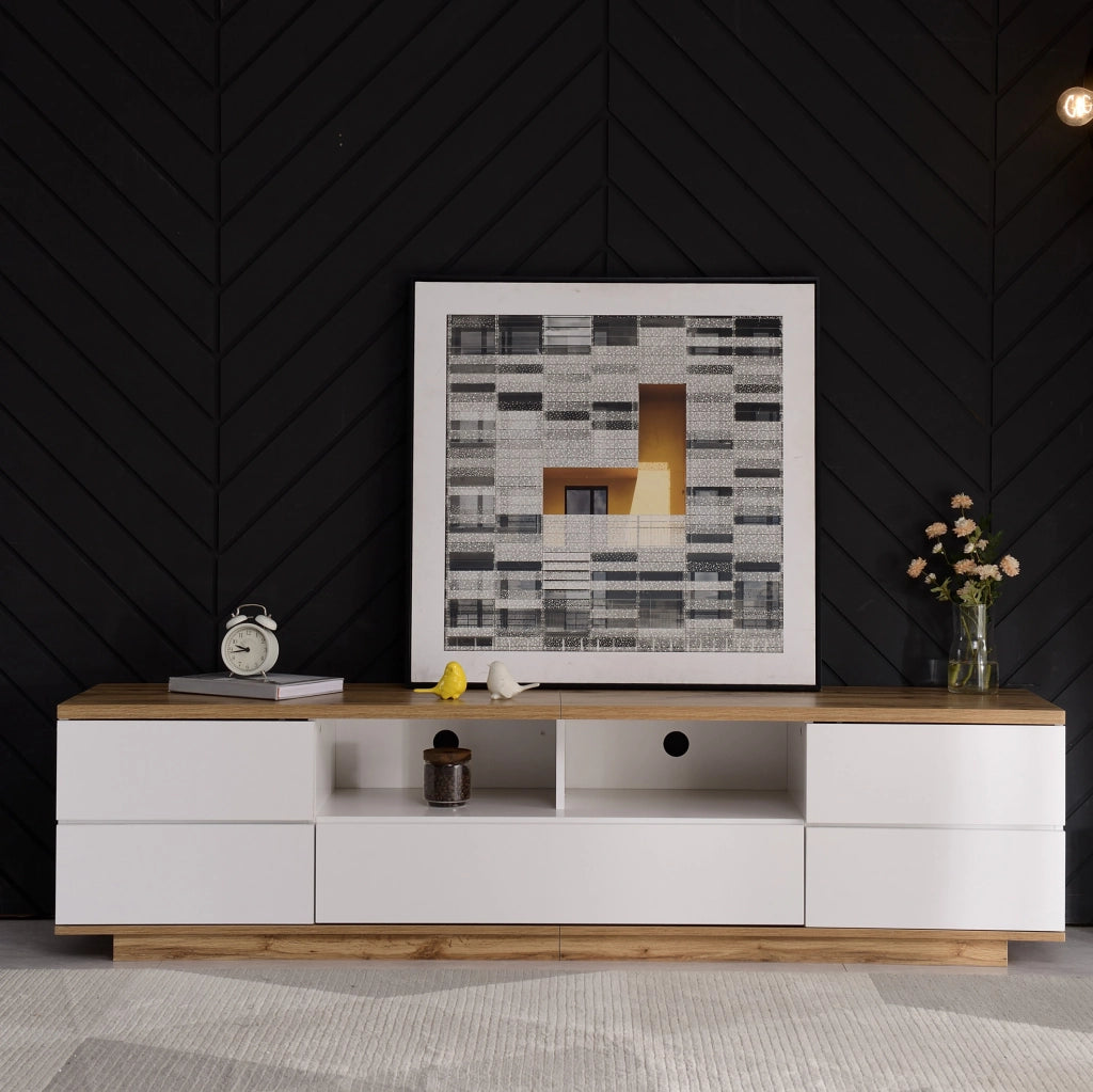 Mobile TV 180x38x46 cm bianco e colore legno in MDF con 5 ante e 2 vani aperti