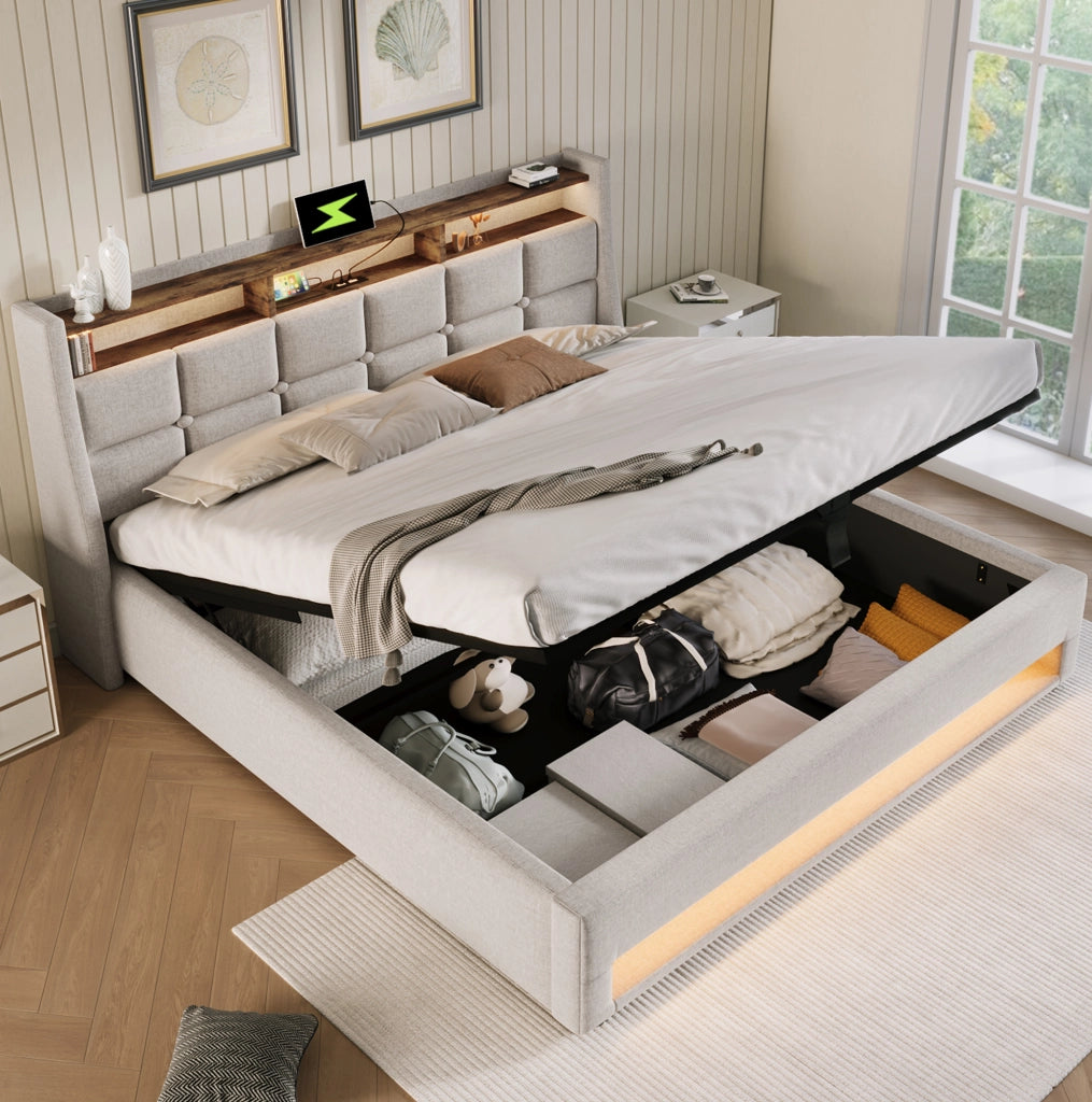 Letto matrimoniale imbottito 140x200 cm in lino beige con LED e USB; stile vintage