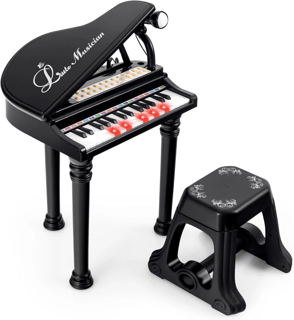 Tastiera Pianoforte a 31 Tasti per Bambini con Microfono e Sgabello, Tasti Giocattolo Portatile con Modalità di Insegnamento a LED, Pianoforte a Coda per Bambini 3+ Anni (Bianco)