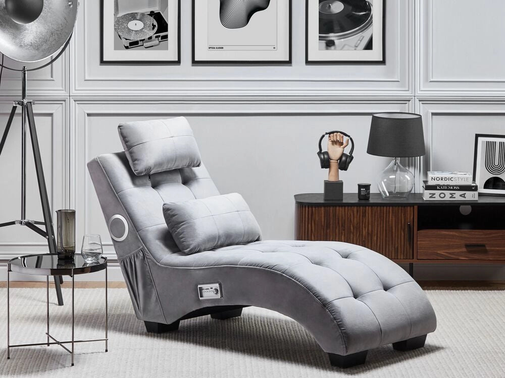 Chaise longue Altoparlante Bluetooth integrato in velluto grigio Caricatore USB Design moderno Divano curvo per 1 persona Soggiorno