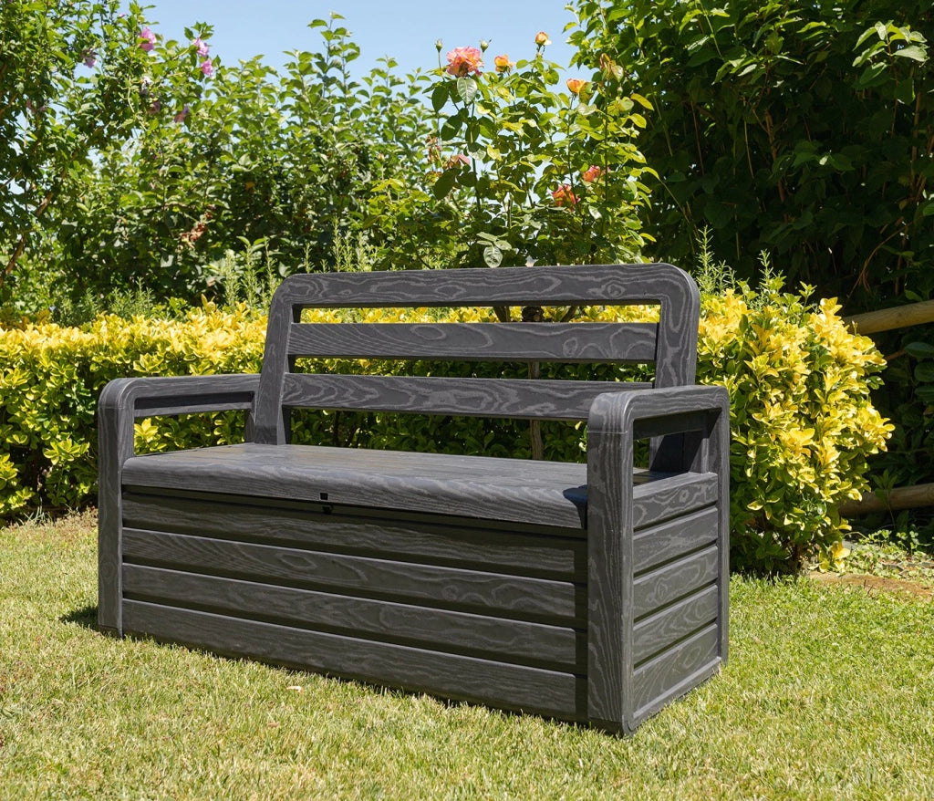 Panchina da esterno Foreverspring con baule portaoggetti 270 litri effetto legno colore nero antracite Toomax