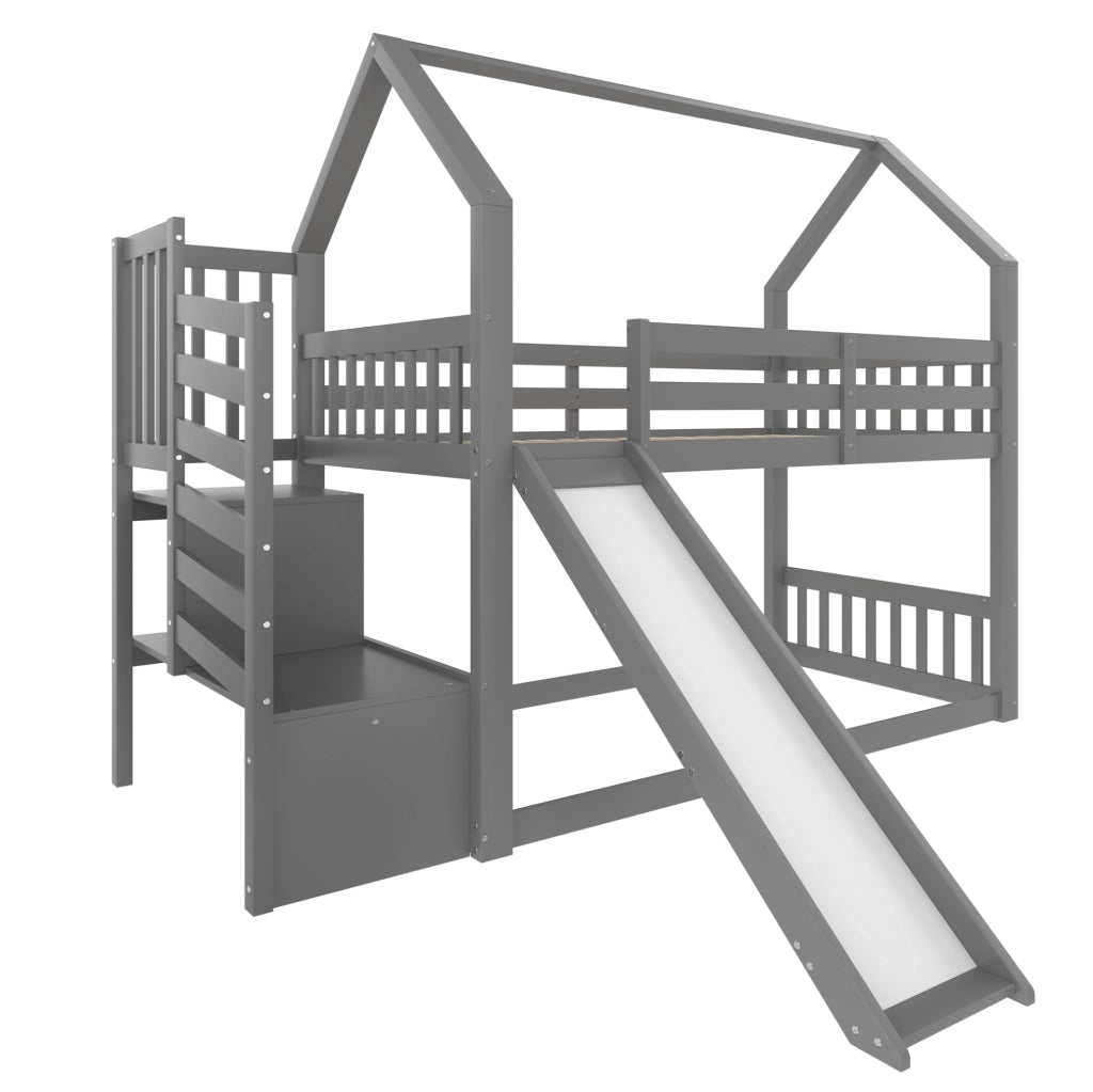 Letto a castello 90x200 cm con scivolo e vano portaoggetti in pino grigio