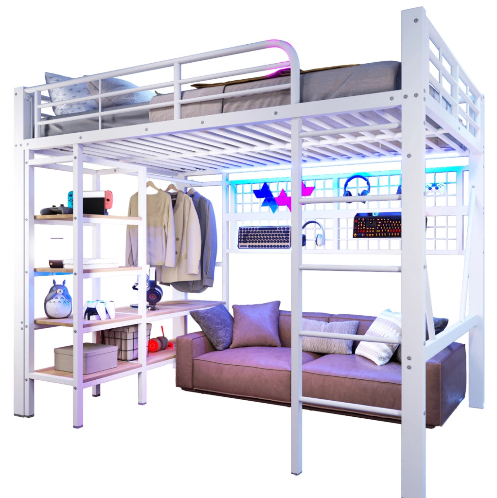 Letto a soppalco 204x145x180 cm con LED regolabile tramite app; metallo e MDF bianco