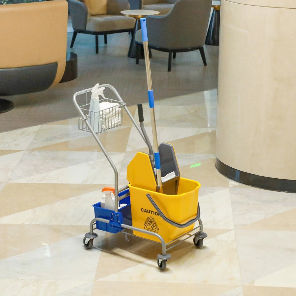 Carrello Pulizia con 2 Secchi 25L Scopa e Scaffali ¨C zephmum ¨C Giallo 72x49,5x95 cm