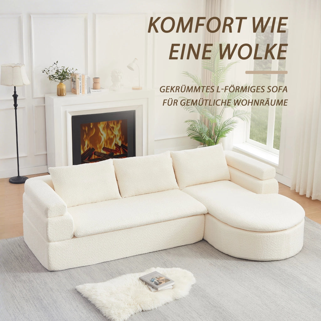 Divano angolare con chaise longue in ciniglia con schienali imbottiti e seduta sagomata a gradoni beige per soggiorno