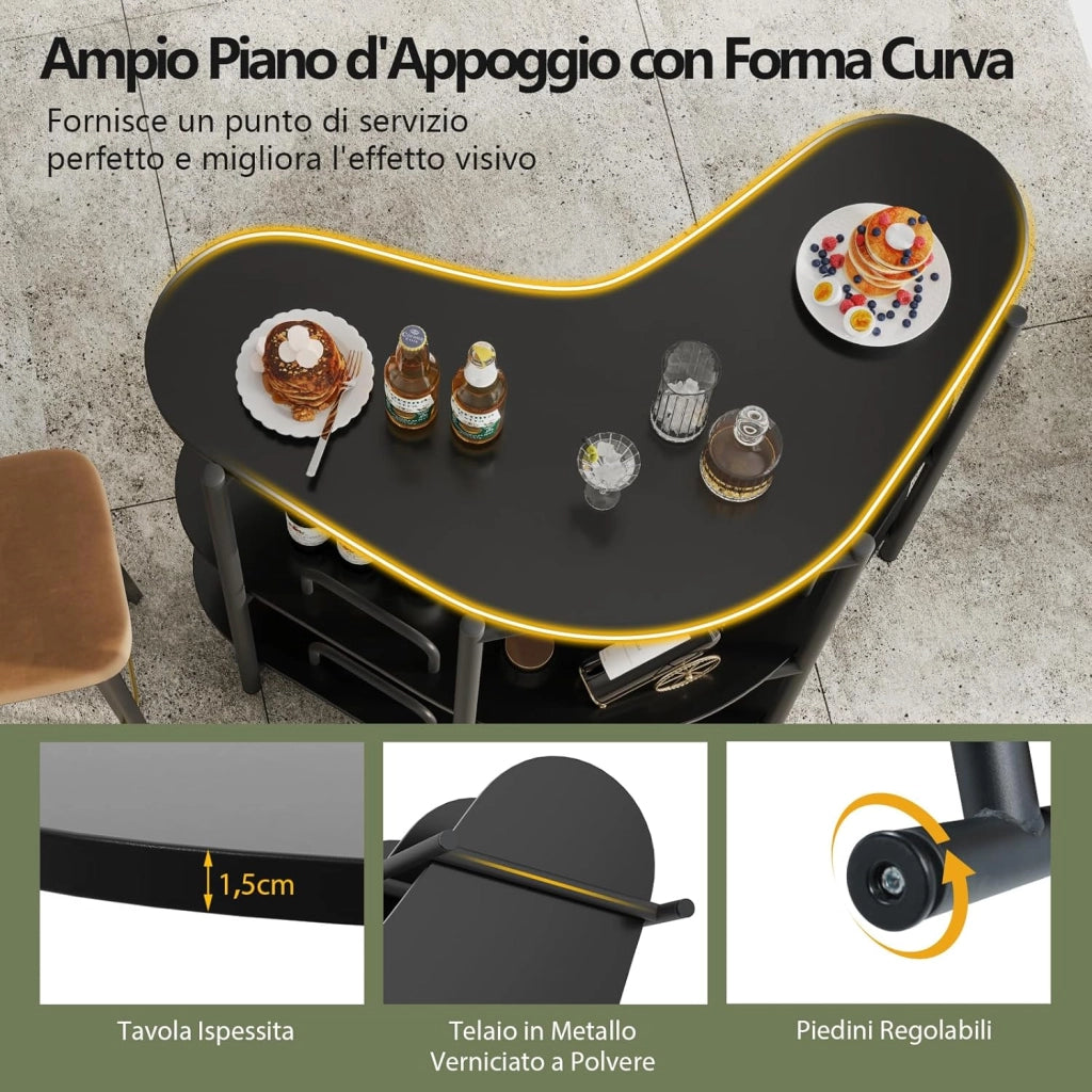 Tavolo da Bar 120 x 66 x 102 cm, Portabottiglie Vino a 3 Ripiani con Portabicchieri e Mensole di Stoccaggio, Isola Cucina Industriale per Bistro (Nero)