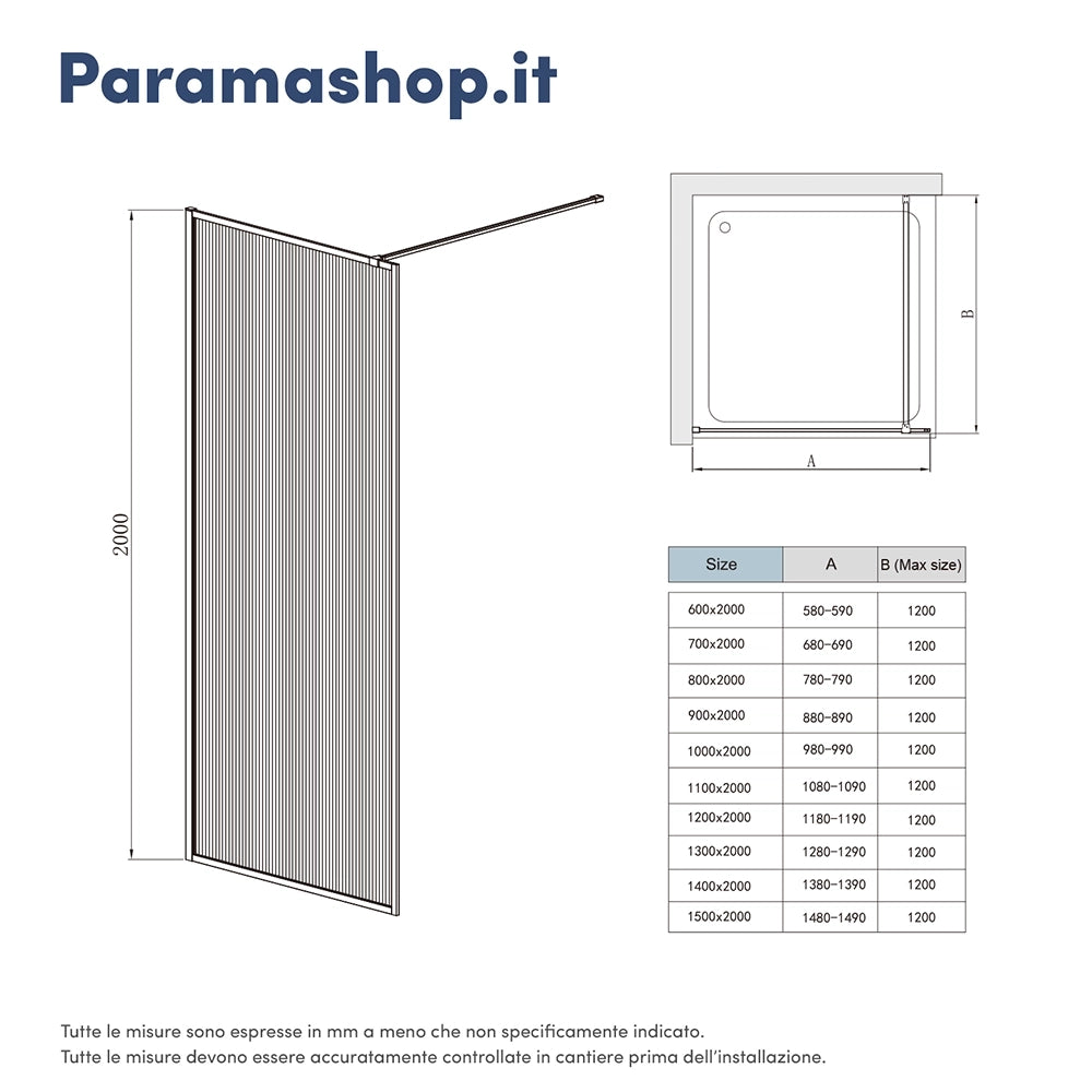 Doccia walk-in full frame 110 cm vetro cannettato profili neri | Rodi
