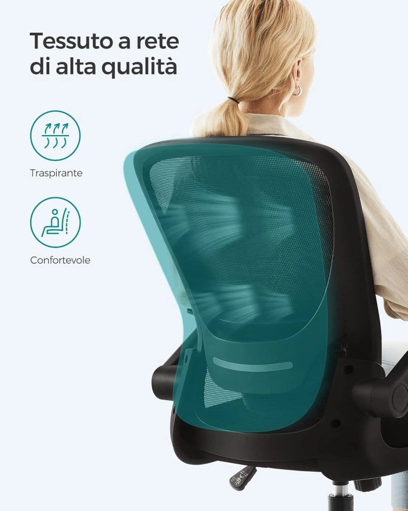 SONGMICS Sedia da Ufficio Girevole, Sedia di Rete da Computer Ergonomica, Supporto Lombare, Oscillante, Seduta 53 cm, Braccioli Pieghevoli, Nero OBN37BK