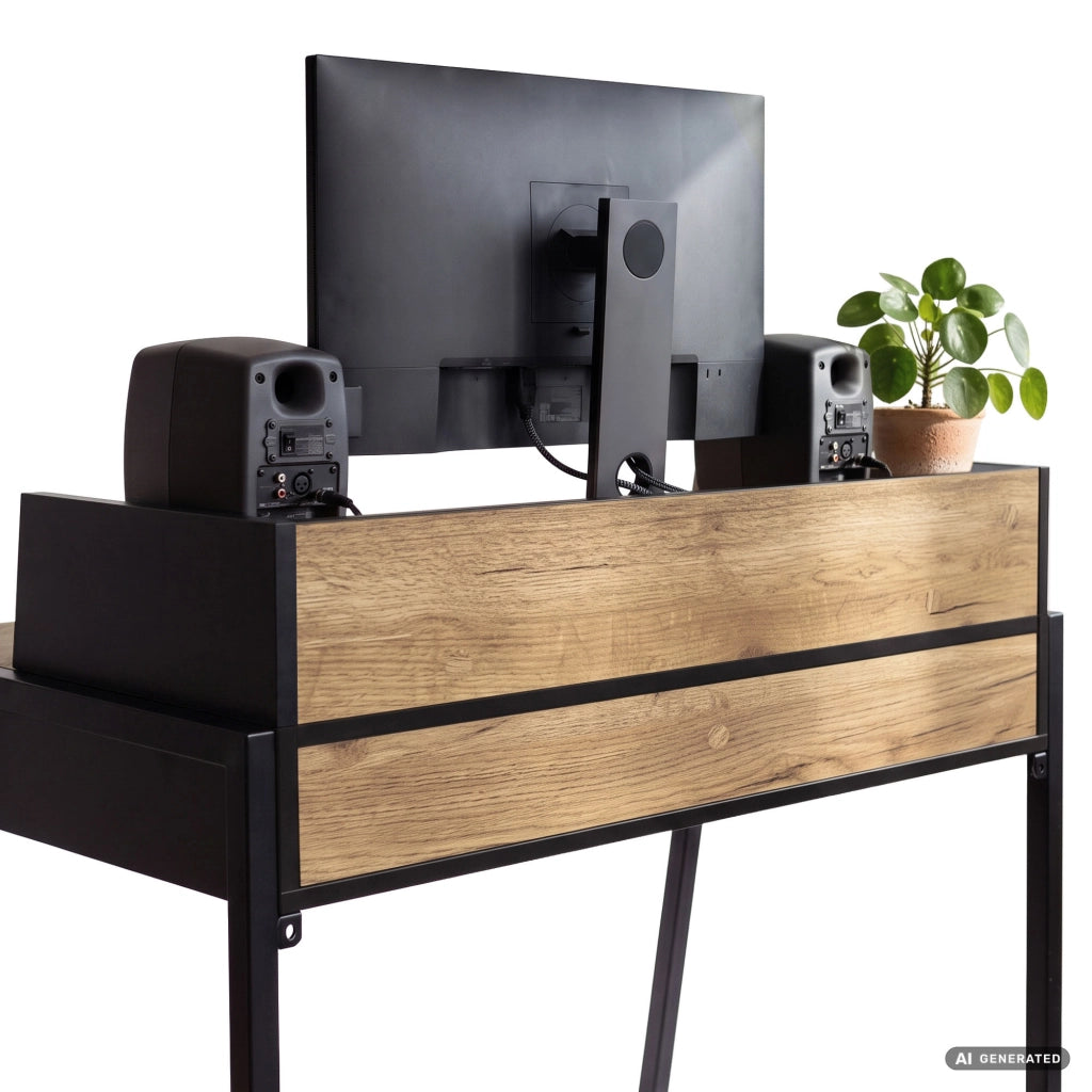 Scrivania industriale per computer Rovere Craft FLUX 78 cm 2 cassetti 1 ripiano gambe nere