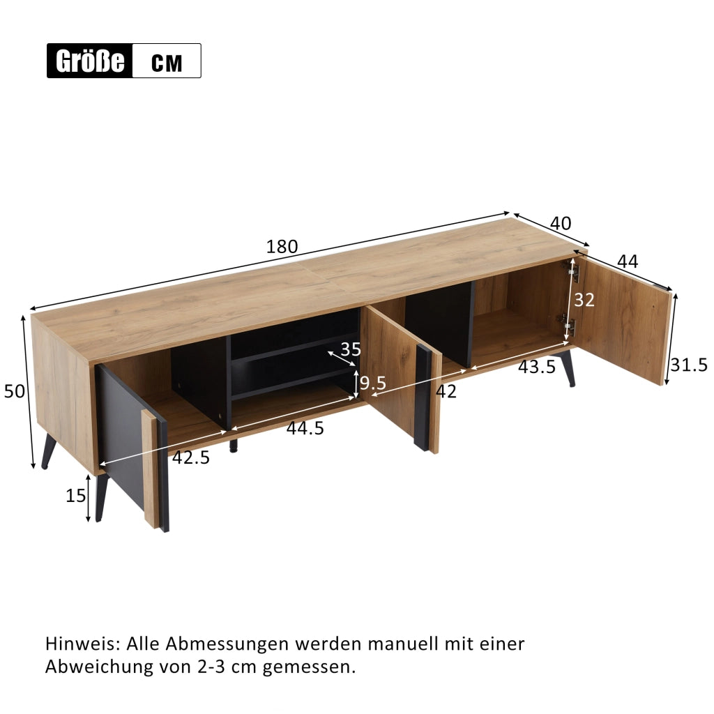 Mobile porta TV rustico con 4 vani aperti, 3 ante, passacavi e struttura in truciolare e ferro 180 × 40 × 50 cm