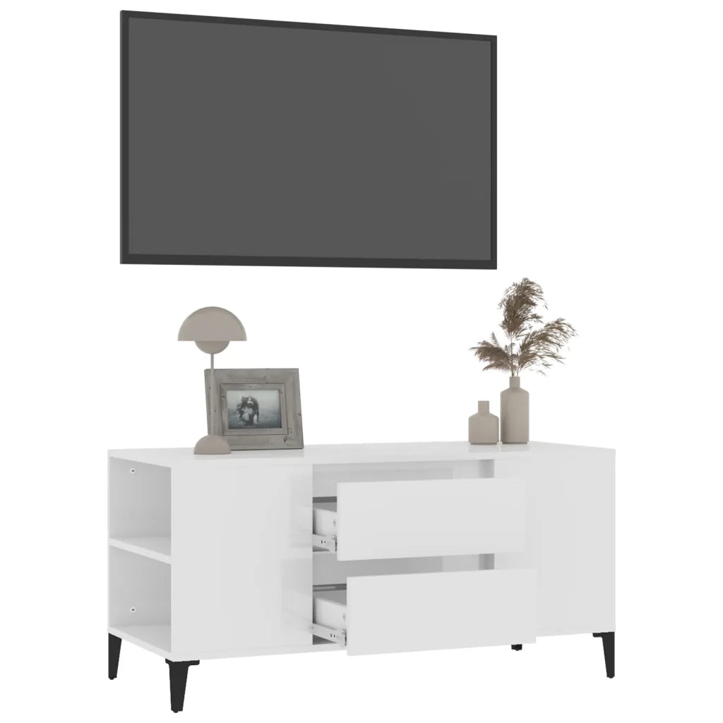 Mobile Porta TV Bianco Lucido 102x44,5x50 cm Legno Multistrato 819606