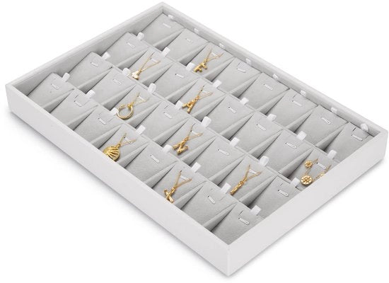 Casella per gioielli a 32 griglie con cerniera fluente e ripiegabile per catenelle lunghe, grande hanger per catenelle, organizzatore per la conservazione dei gioielli