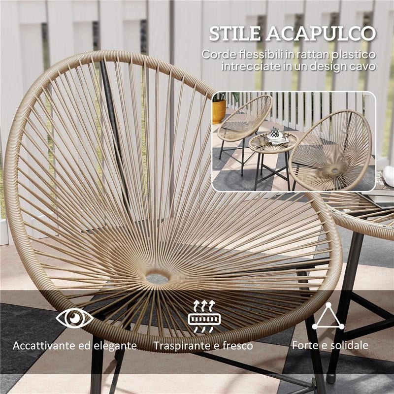 SET DA GIARDINO 3 PEZZI IN RATTAN PE E ACCIAIO CON 2 SEDIE OVALI E TAVOLINO DA CAFFÉ NERO E COLOR LEGNO