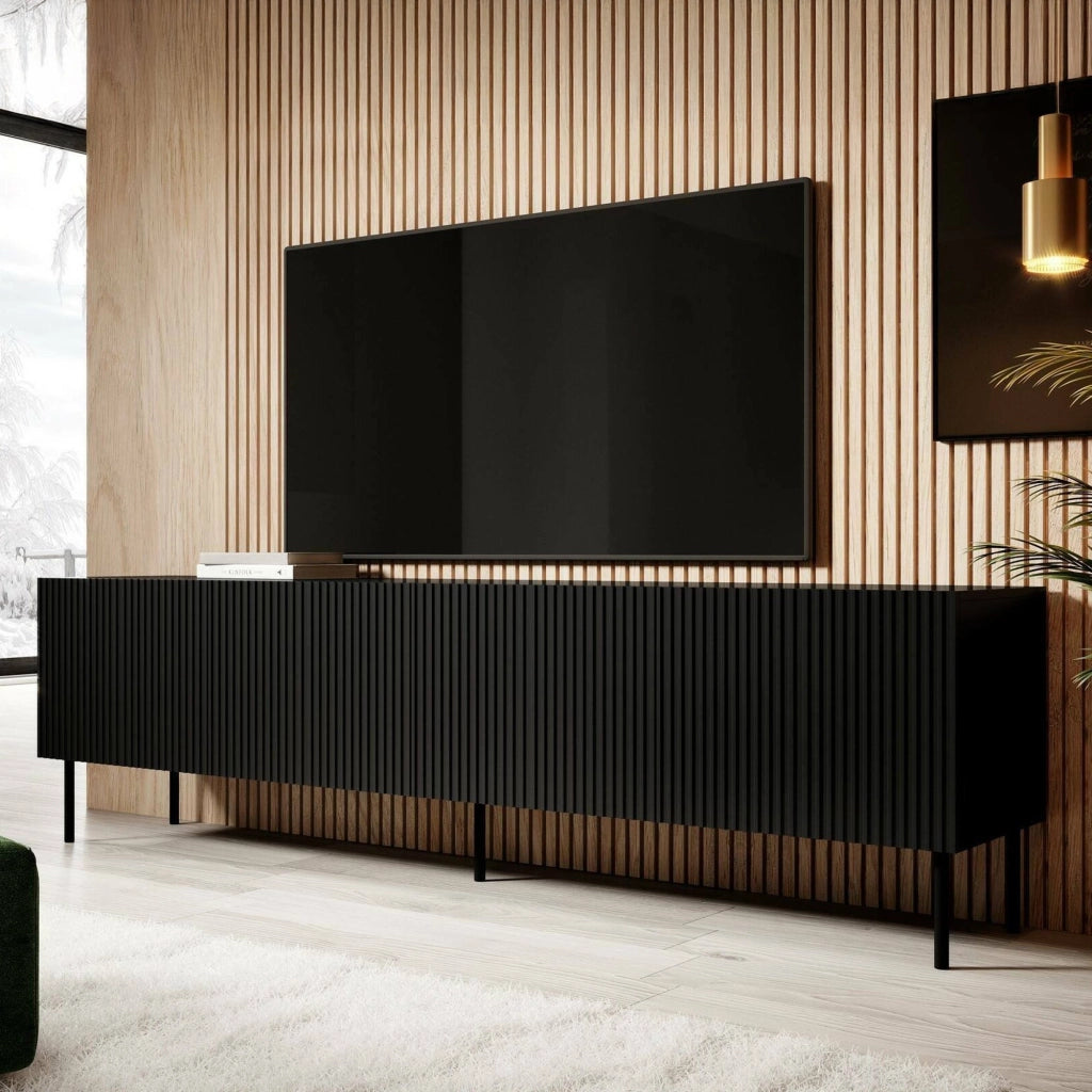 Mobile porta TV Priocca, Madia da salotto con quattro ante battenti, Rialzato da terra, 200x42 h52 cm, Nero