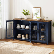 Credenza da cucina 160x40x86 cm in MDF blu con ante in vetro e piano effetto legno