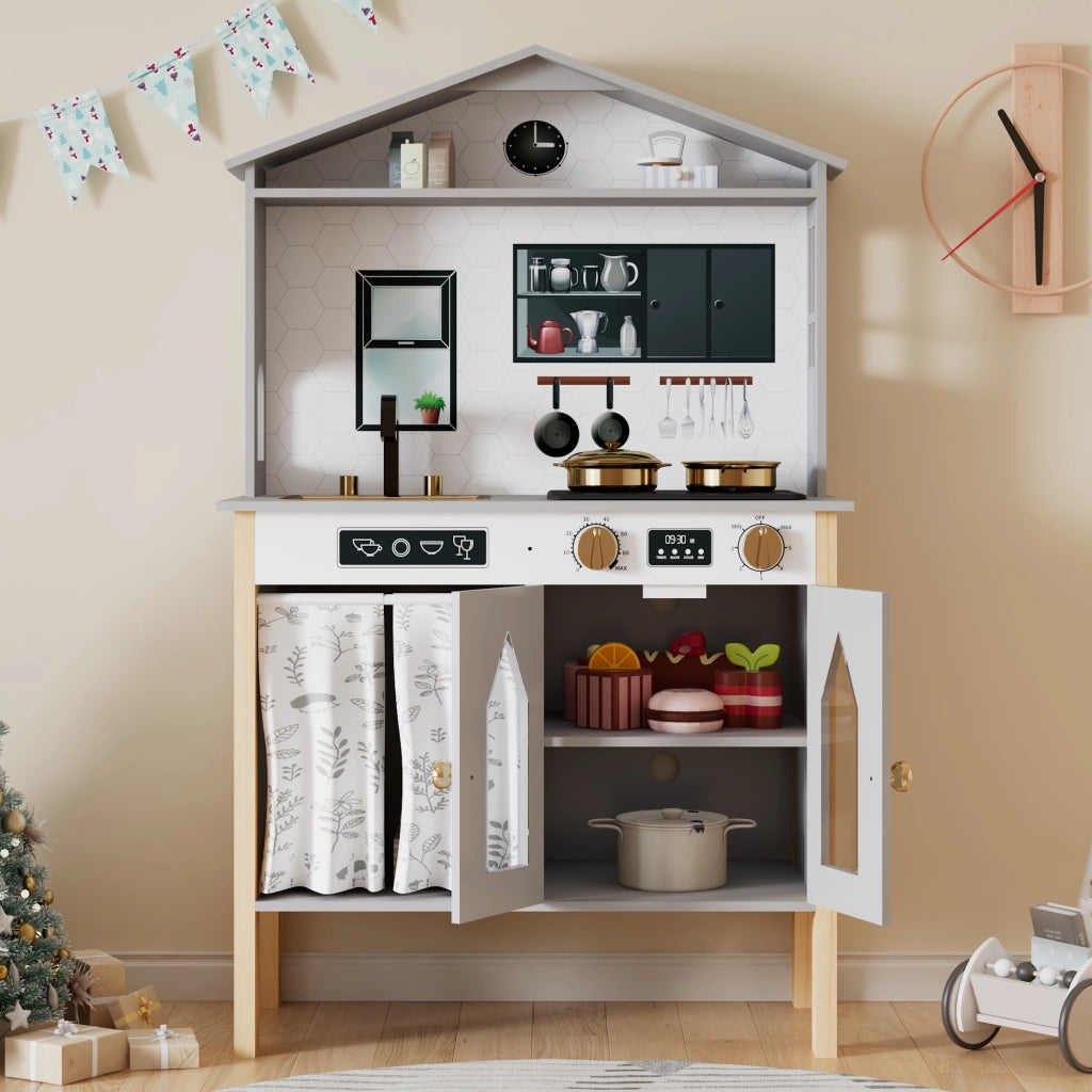 Cucina giocattolo per bambini con rubinetto, fornello, lavello, armadietto e spazio in MDF grigio 28.5 × 60 × 92 cm