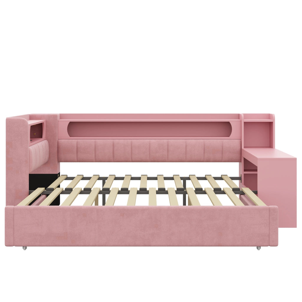 Letto singolo estraibile 90x200 cm con scrivania; LED e USB; rosa