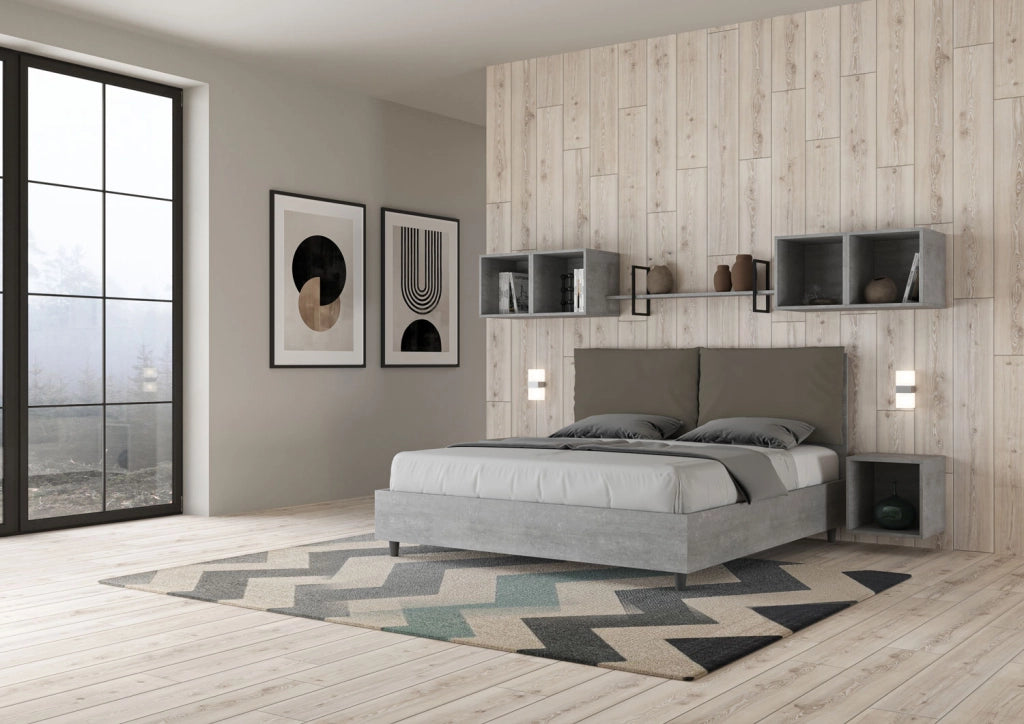 Letto Matrimoniale 160x200 cm con Rete e Contenitore Struttura Cemento con Cuscini in Similpelle Egos Antea Cappuccino