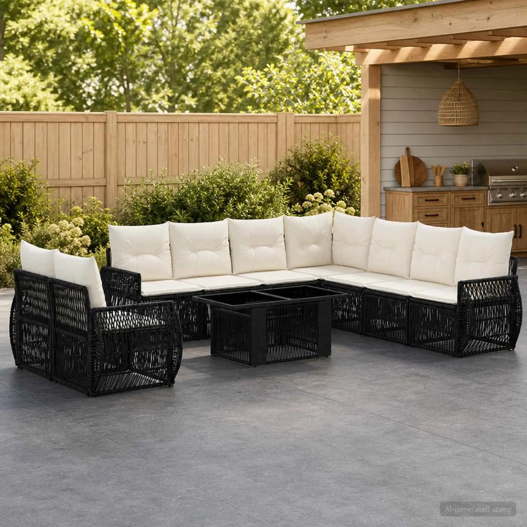 Set Divano da Giardino 10 pz Nero e Bianco Crema polyrattan 3436963