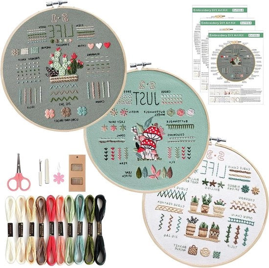 Set di crocette per mano per iniziati e adulti con fiori e piante - 3 set di set di punto in croce con bambù per lavoro a maglia a mano