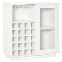 Mobiletto Portabottiglie Vini con Porta Calici e Armadietto, Capacità 20 Bottiglie, 80x36x85 cm, Bianco