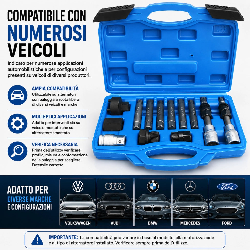 Set 13 Attrezzi Puleggia Alternatore Bussole Torx XZN Valigetta 07063