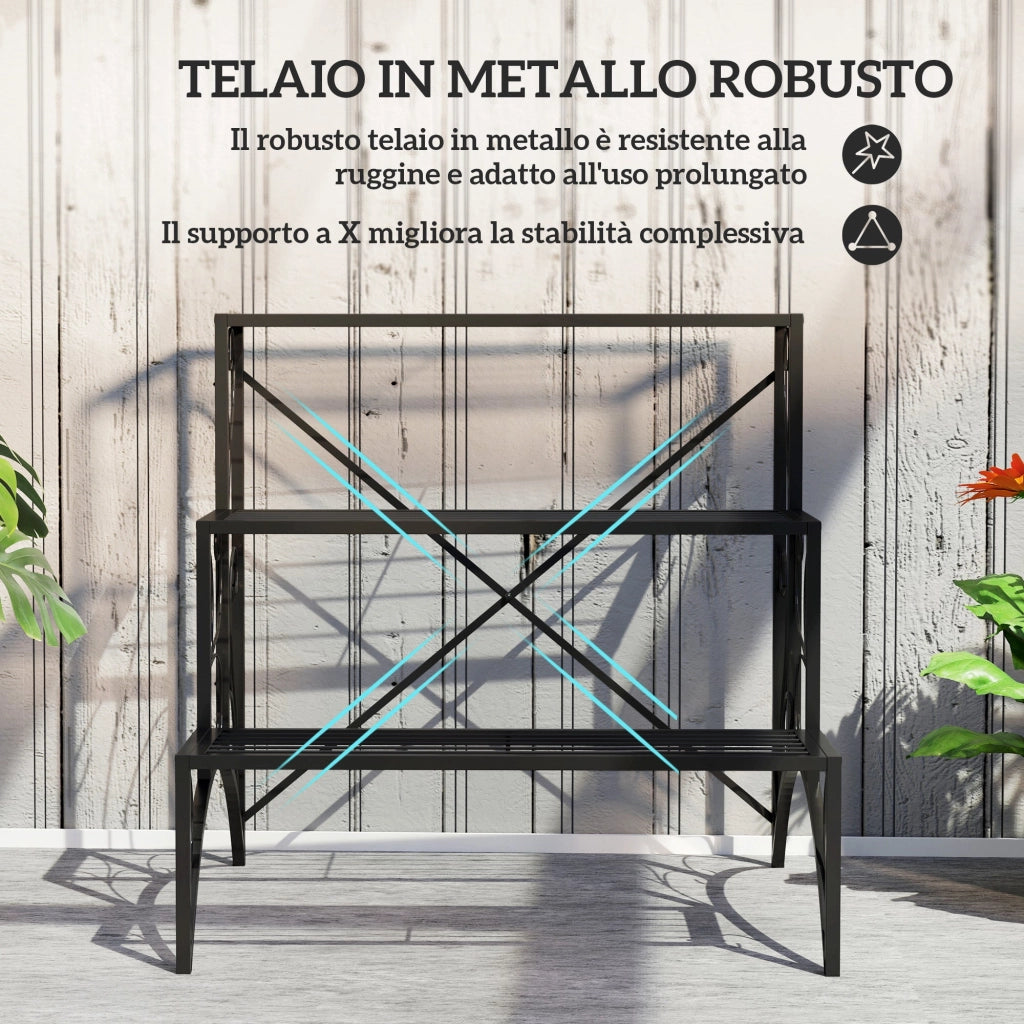 Scaffale per Piante a 3 Livelli a Scaletta 60x60x60 cm per Interno ed Esterno in Metallo Nero