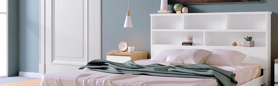 DESMIU Letto con Cassetti 140 × 200 cm 2 Posti con Testiera a Libreria e 2 Cassetti, senza Materasso, Bianco