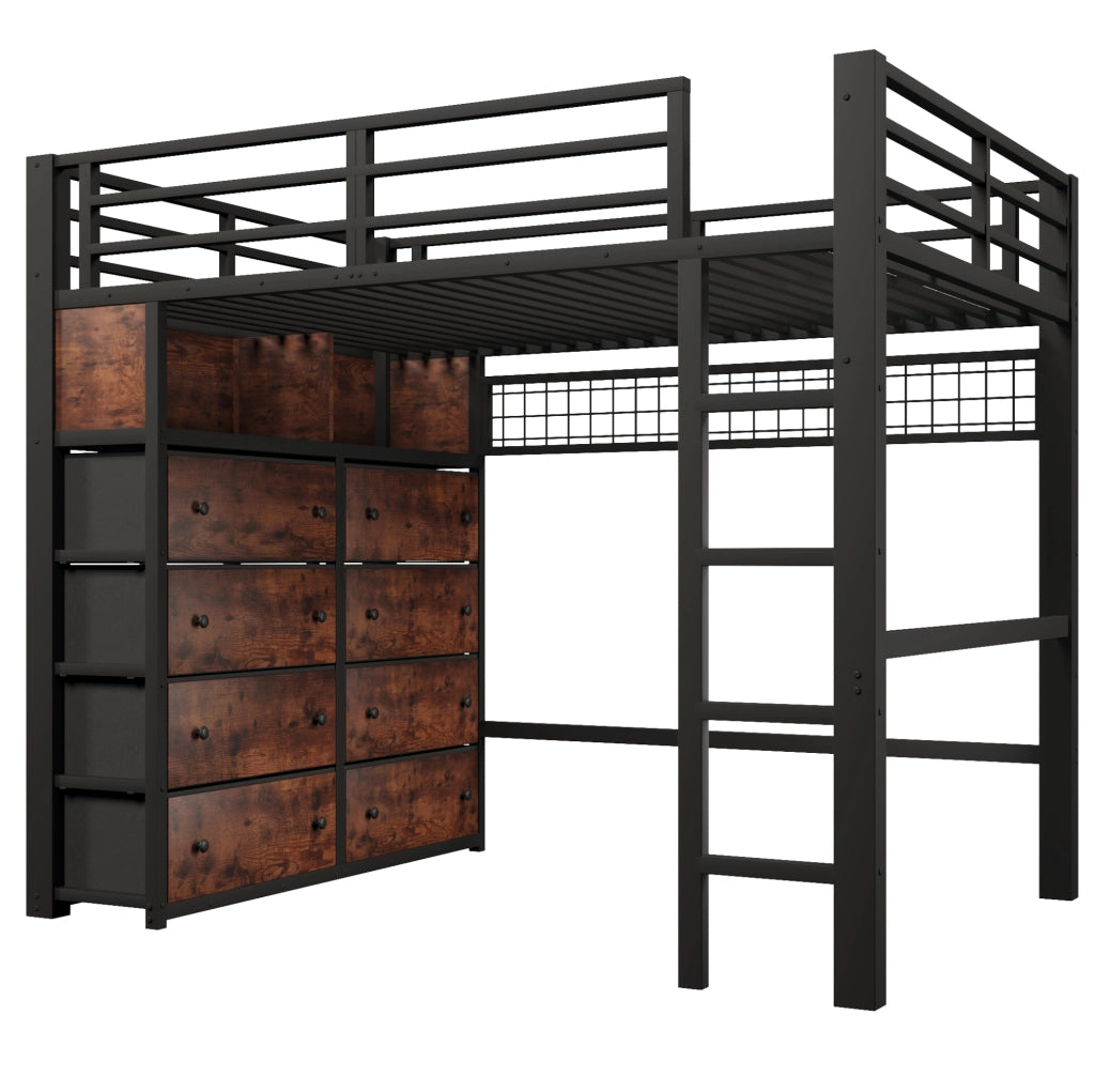Letto a soppalco ULEVR 140x200 cm con 8 cassetti, ripiani, pannello forato e LED multicolore, nero