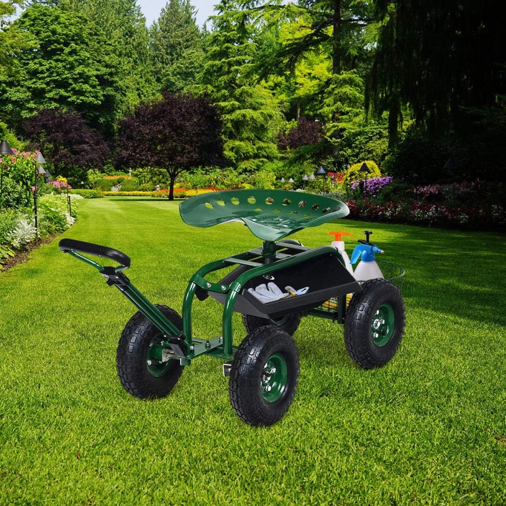Sgabello per Giardinaggio con Ruote, Sedile da Giardino Regolabile in Altezza con Manico Estensibile, Cesto Portaoggetti, 2 Vassoi e 4 Ruote in Gomma (96,5 x 48,5 x 45,5-54,5 cm)