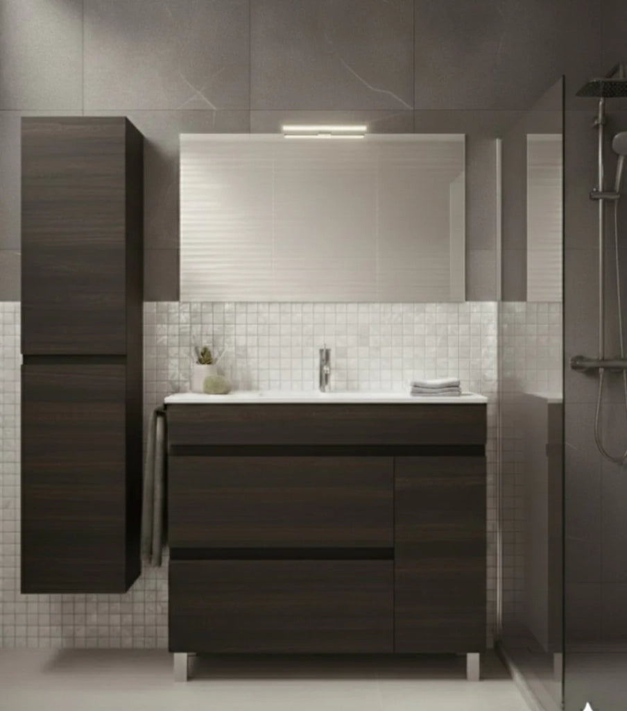 Mobile Bagno FENRIR Già Montato 2 cassetti e porta con piedini, lavabo e specchio Frassino tea 70x45 cm con colonna