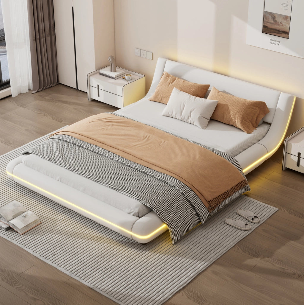 Letto a pavimento bianco 140x200 cm con illuminazione a LED