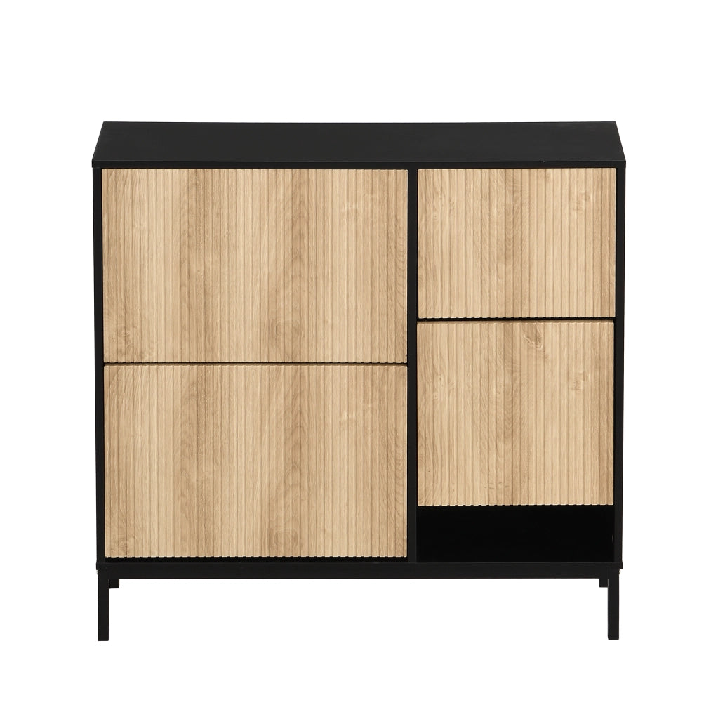 Scarpiera con 3 Ante a Ribalta e Panca Estraibile; Vano a Giorno; Stile Moderno; in MDF; Nero e Naturale; 100×25×100 cm