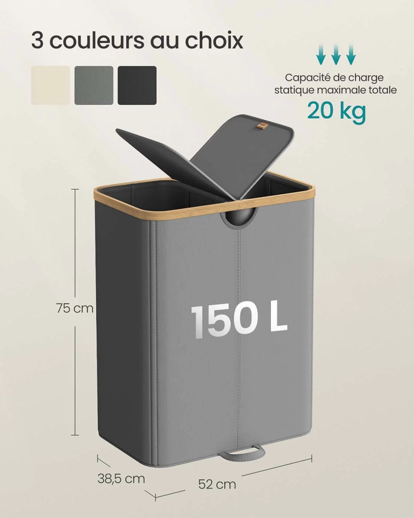 Cesto portabiancheria a 2 scomparti 150 litri contenitore per biancheria sporca con coperchio e sacchetti rimovibili per lavanderia camera da letto soggiorno grigio 12_0006663