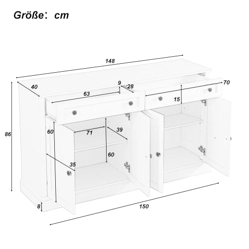 Credenza con 4 ante e 2 cassetti; ripiani regolabili - per soggiorno - 150×40×86 cm